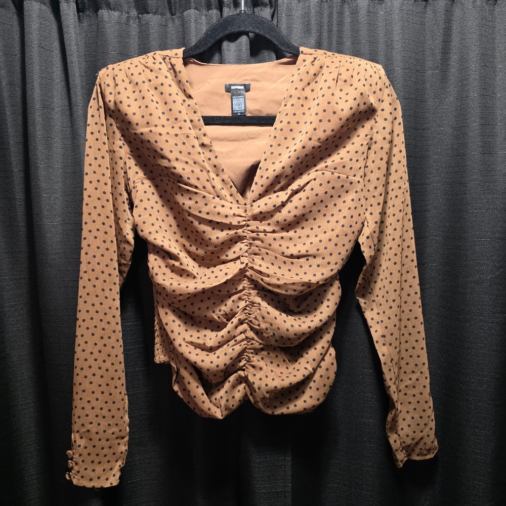Express Conscious Edit Polka Dot Ruched V-Neck Blouse Tan Black‎ XS Long Sleeve